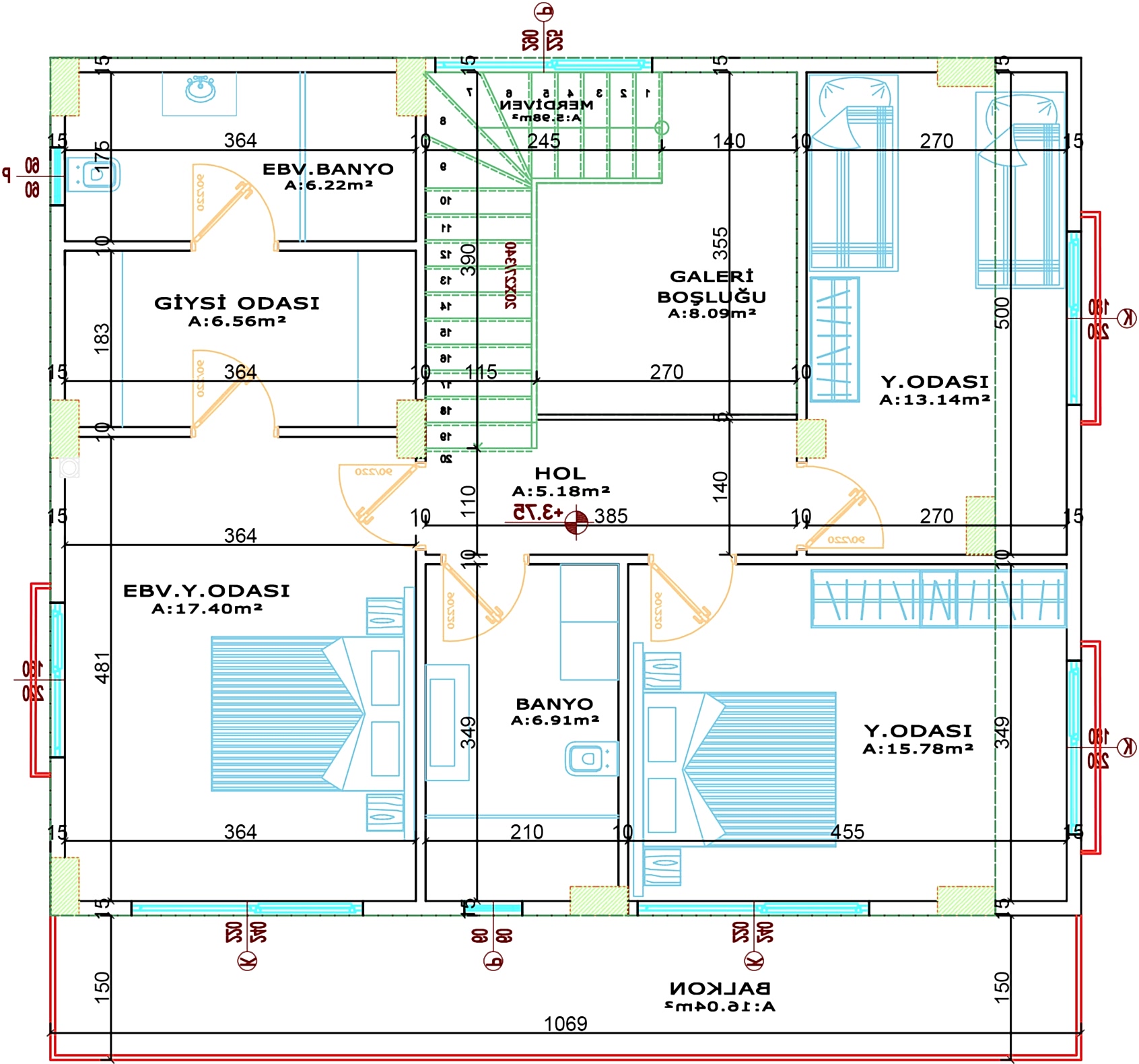 250 m2 betonarme villa 1.kat planı